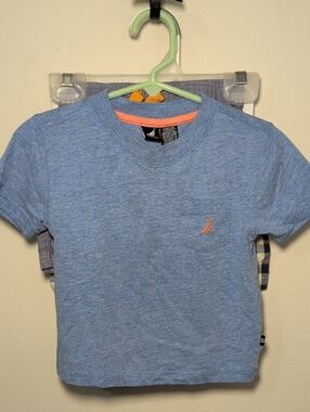Nautica Boys Set - Blue T-shirt, Chambray Shorts, Blue + White Plaid Shorts 24M